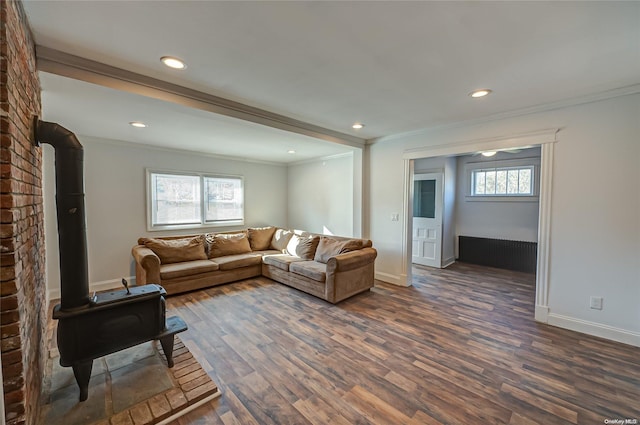 living room with crown molding, a wood stove, and dark hardwood / wood-style floors