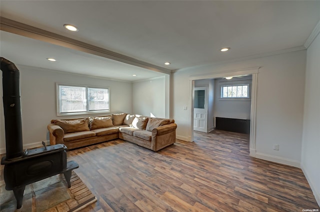 living room featuring dark wood-type flooring, ornamental molding, and a wood stove