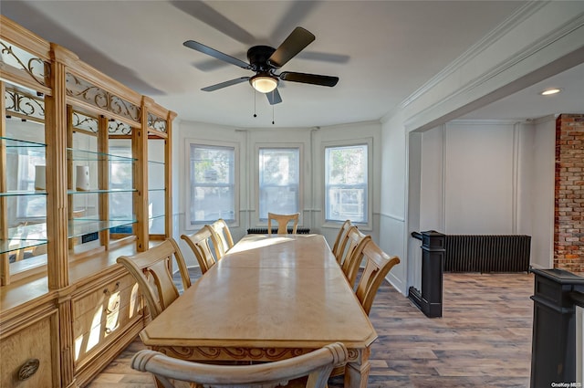 dining area featuring crown molding, ceiling fan, and wood-type flooring