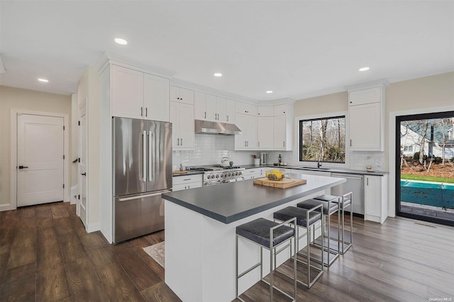 kitchen featuring a kitchen bar, white cabinetry, high quality appliances, dark hardwood / wood-style floors, and a kitchen island