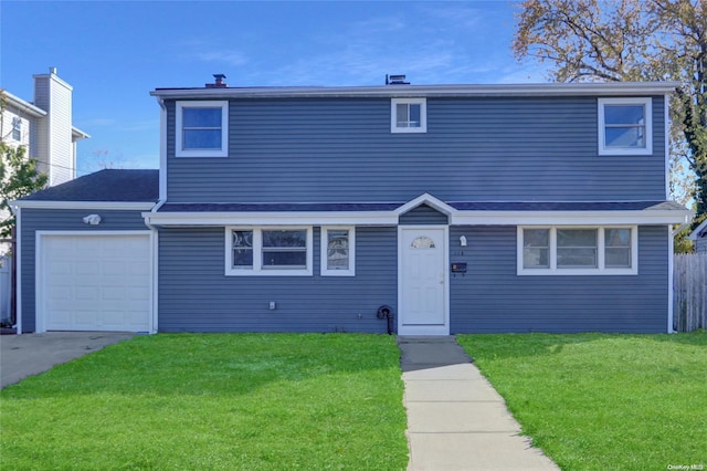 front facade with a front yard and a garage