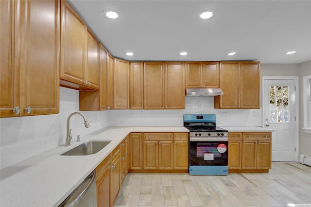 kitchen featuring decorative backsplash, sink, light wood-type flooring, and stainless steel appliances