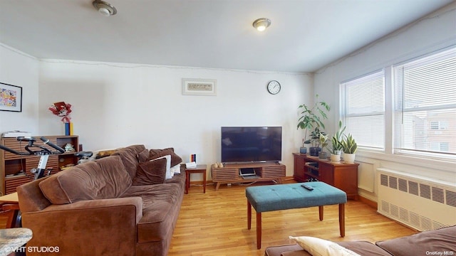 living room featuring radiator heating unit and light wood-type flooring