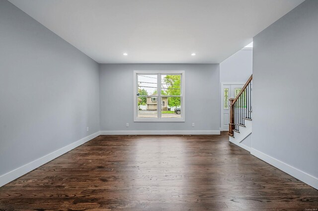 146 Walter Ave, Hauppauge, NY 11788 - interior space featuring stairway, dark wood-style flooring, baseboards, and recessed lighting