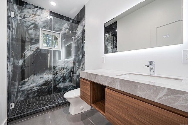 146 Walter Ave, Hauppauge, NY 11788 - full bathroom with toilet, vanity, a marble finish shower, recessed lighting, and tile patterned floors