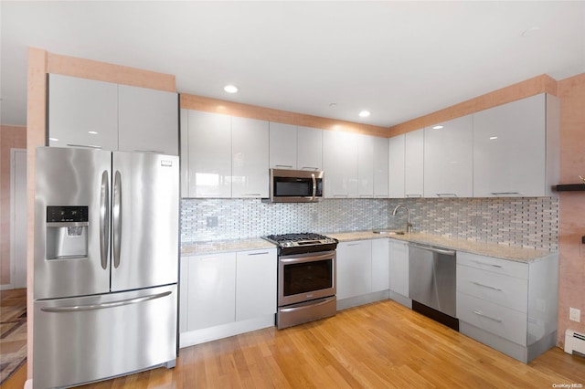 kitchen with sink, light hardwood / wood-style flooring, decorative backsplash, appliances with stainless steel finishes, and white cabinetry