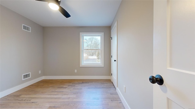 empty room featuring ceiling fan and light hardwood / wood-style flooring