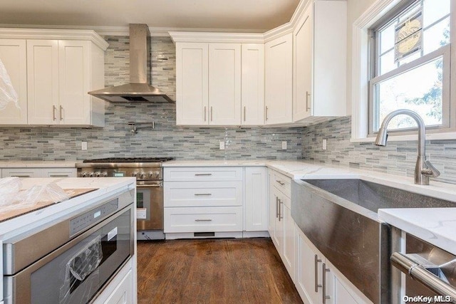 kitchen with white cabinets, wall chimney exhaust hood, dark hardwood / wood-style floors, decorative backsplash, and appliances with stainless steel finishes