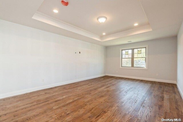 spare room featuring wood-type flooring, a raised ceiling, and crown molding