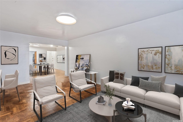 living room featuring dark parquet flooring