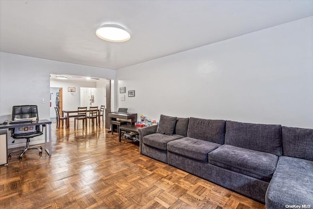 living room with parquet flooring