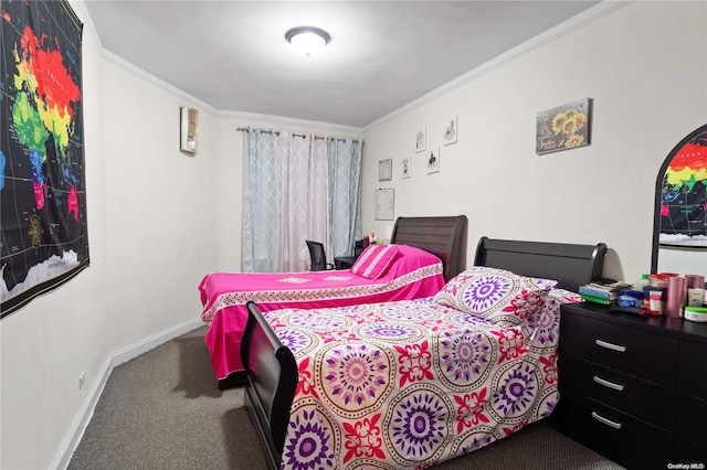 carpeted bedroom featuring ornamental molding