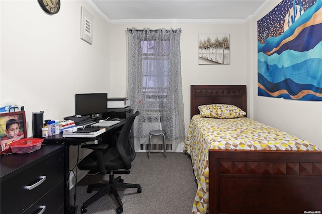 carpeted bedroom featuring crown molding