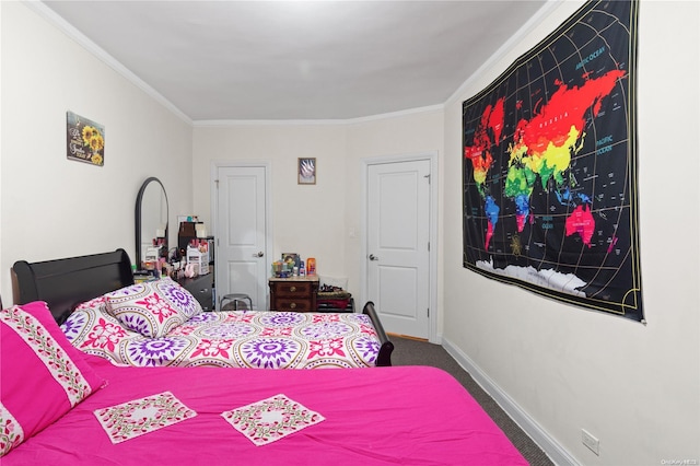 carpeted bedroom featuring ornamental molding