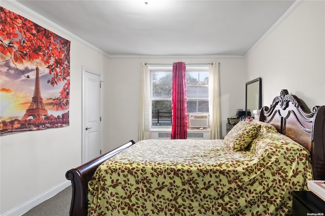 bedroom featuring cooling unit, radiator, crown molding, and carpet