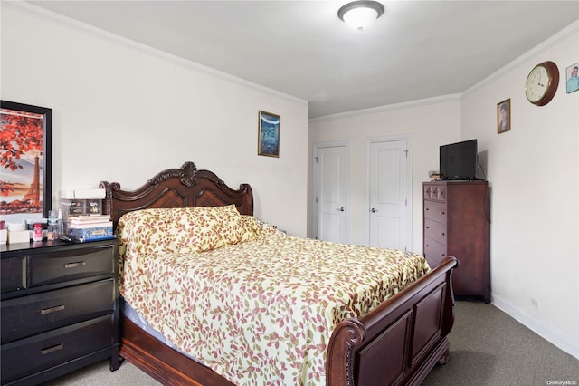 carpeted bedroom featuring ornamental molding