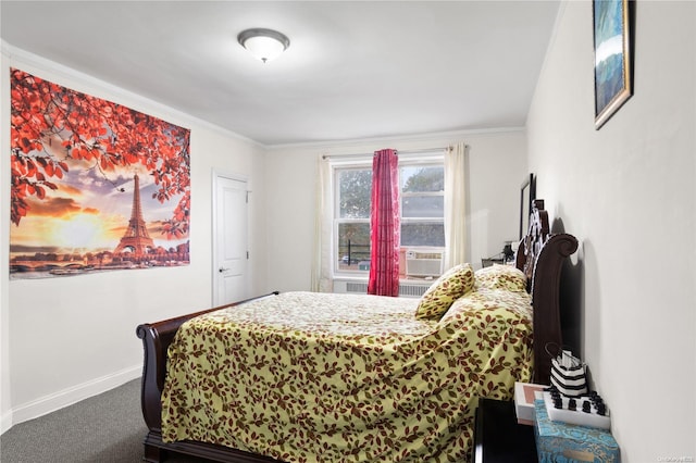 carpeted bedroom featuring cooling unit and crown molding