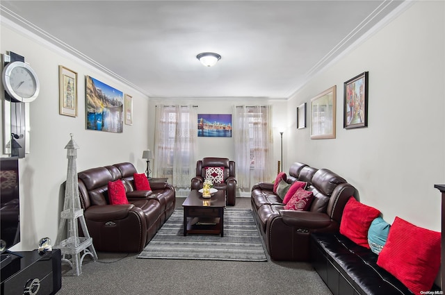 carpeted living room featuring ornamental molding