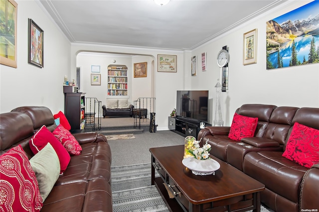 carpeted living room featuring crown molding