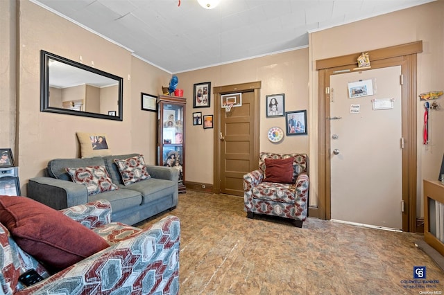 living room with crown molding