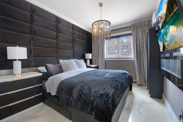 bedroom featuring crown molding and a chandelier