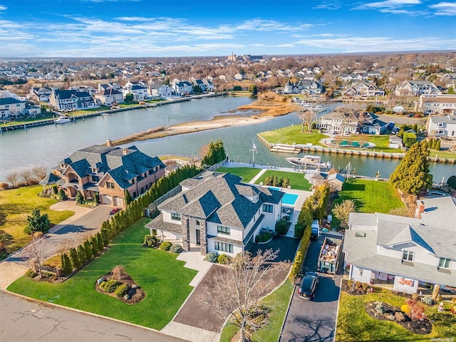 aerial view featuring a water view