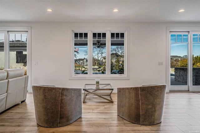 living area featuring a wealth of natural light and light hardwood / wood-style floors