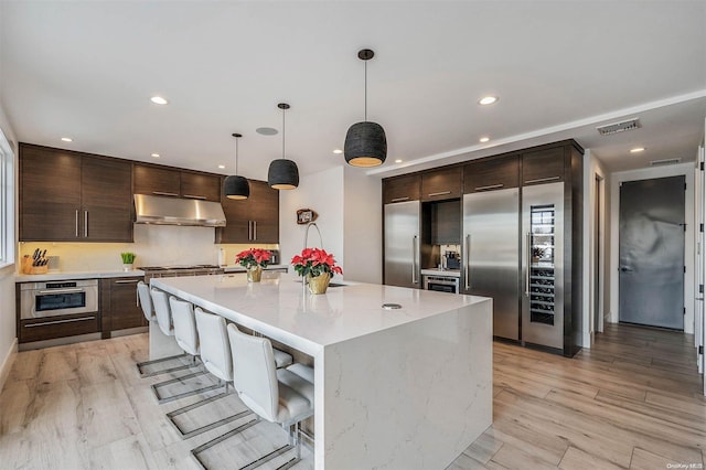 kitchen with pendant lighting, light wood-type flooring, appliances with stainless steel finishes, a kitchen island, and dark brown cabinetry