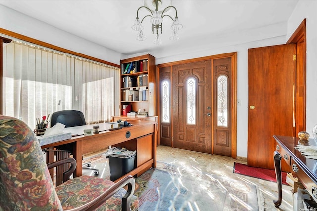 office area with a chandelier and light colored carpet