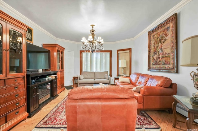 living room featuring a chandelier, ornamental molding, and light hardwood / wood-style flooring