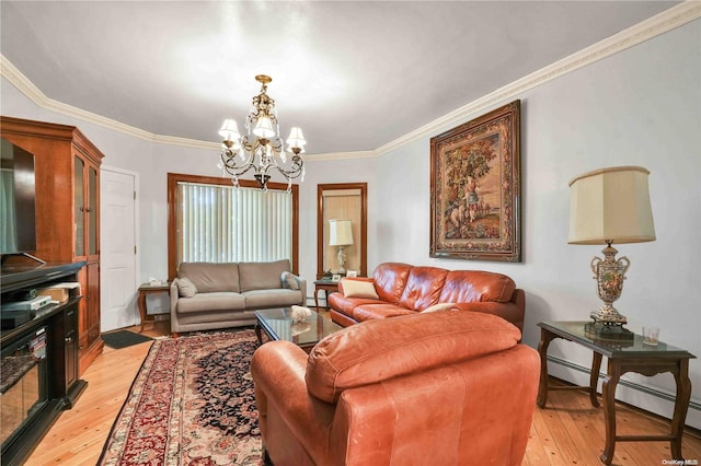 living room with a baseboard heating unit, light wood-type flooring, an inviting chandelier, and crown molding