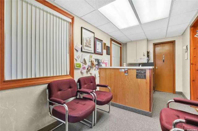 interior space featuring light carpet and a drop ceiling