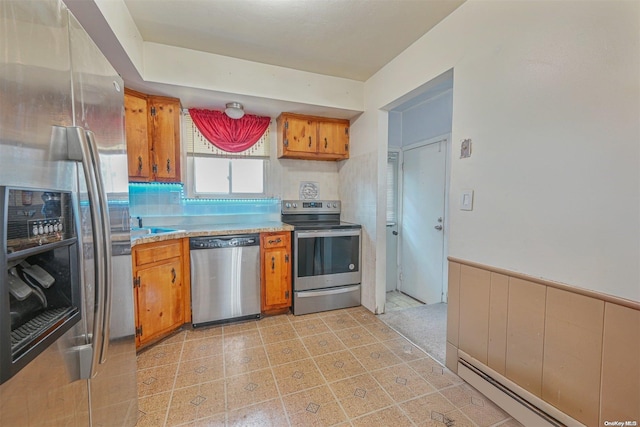 kitchen with tasteful backsplash, stainless steel appliances, and a baseboard heating unit