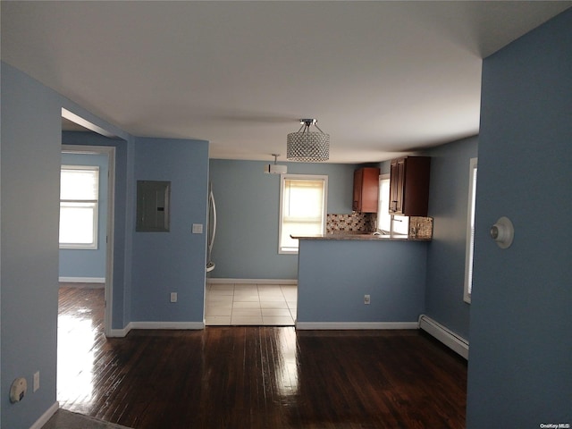 kitchen featuring kitchen peninsula, dark hardwood / wood-style flooring, backsplash, a baseboard heating unit, and electric panel