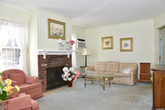 living room with a wall unit AC, a wealth of natural light, crown molding, and a brick fireplace