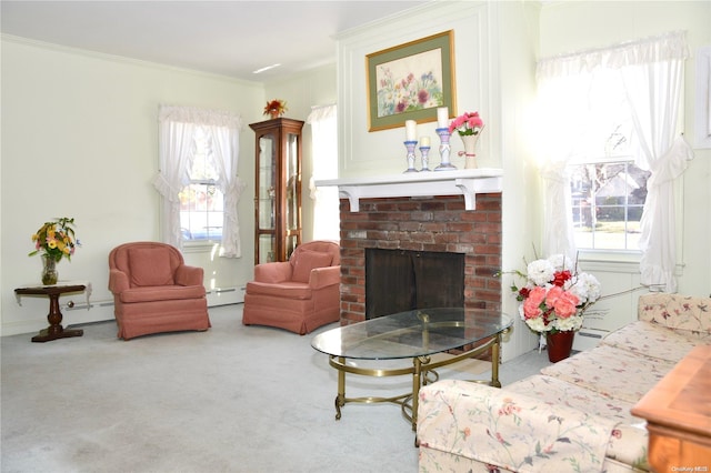 carpeted living room with a baseboard heating unit, a brick fireplace, a wealth of natural light, and ornamental molding