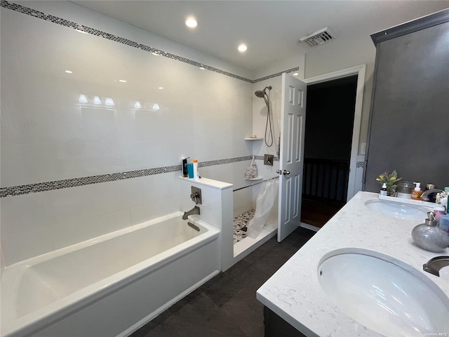 bathroom featuring tile patterned floors, vanity, and independent shower and bath