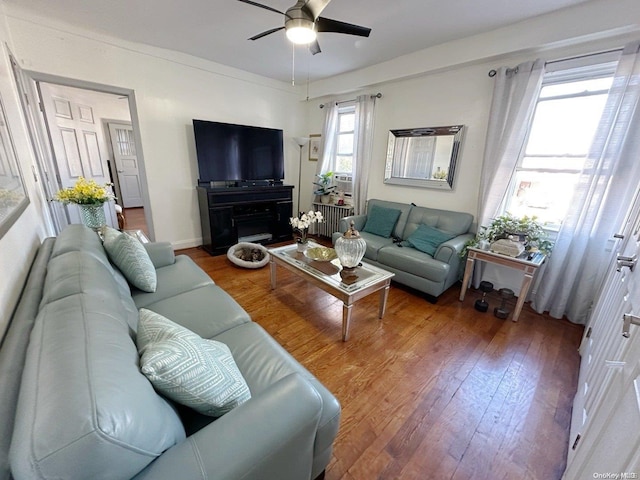 living room with wood-type flooring and ceiling fan