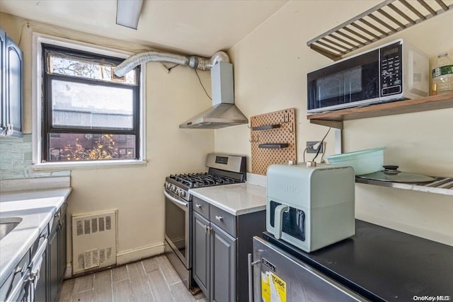 kitchen with ventilation hood, light hardwood / wood-style floors, stainless steel appliances, and radiator