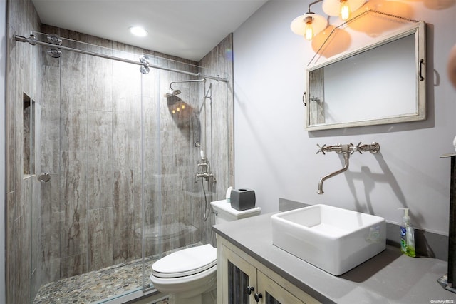 bathroom featuring vanity, a shower with shower door, and toilet