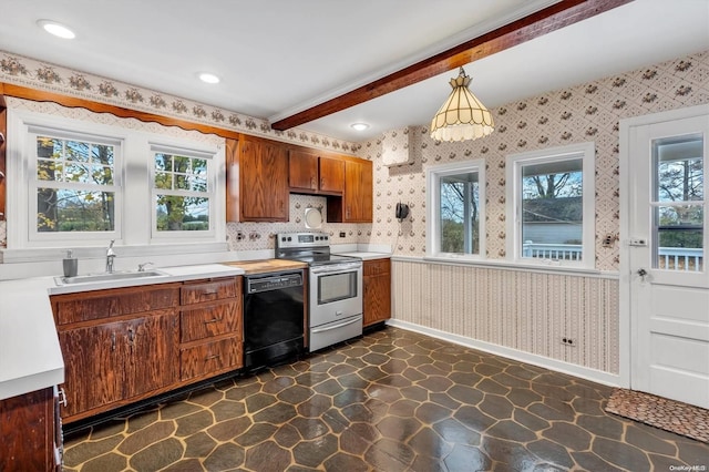 kitchen with sink, hanging light fixtures, black dishwasher, beamed ceiling, and stainless steel range with electric stovetop