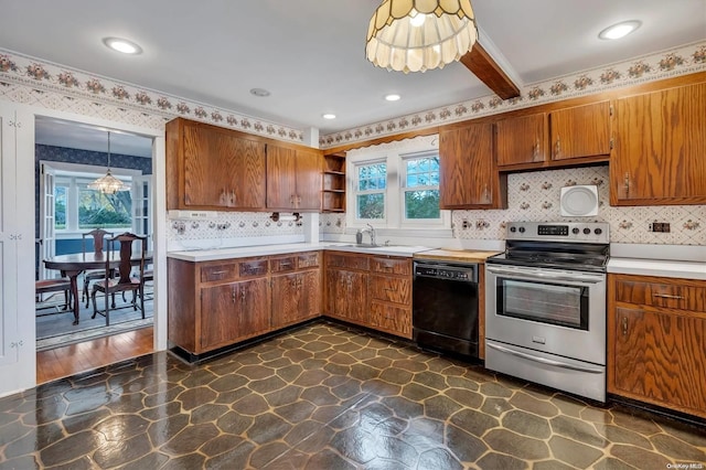 kitchen with stainless steel electric range, sink, black dishwasher, decorative light fixtures, and dark hardwood / wood-style flooring