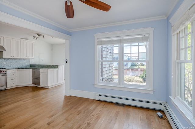 kitchen with white cabinets, a healthy amount of sunlight, and light hardwood / wood-style floors