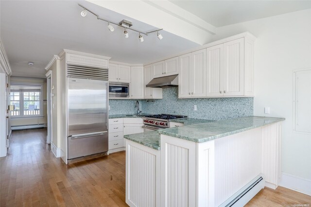 kitchen with built in appliances, white cabinetry, kitchen peninsula, and a baseboard heating unit