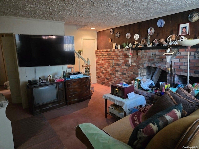 206 W Marshall St, Hempstead, NY 11550 - carpeted living room featuring a textured ceiling and wood walls