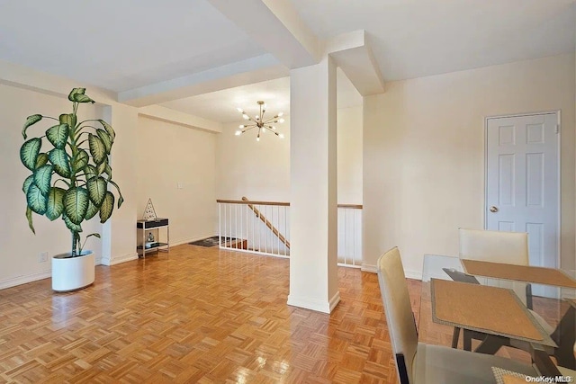 interior space with beam ceiling, light parquet flooring, and an inviting chandelier