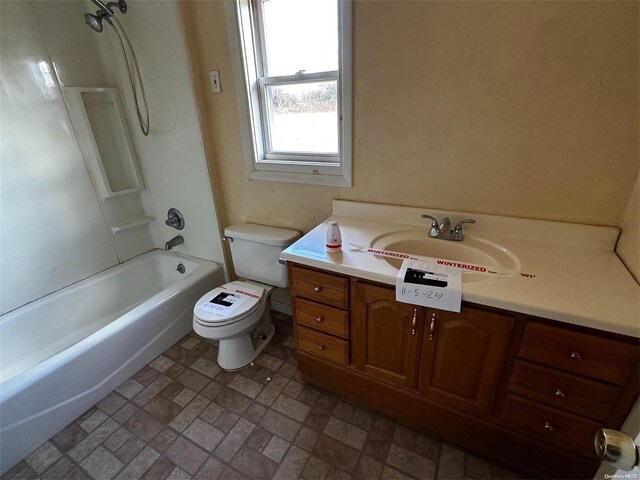 2468 River Rd, Calverton, NY 11933 - bathroom with vanity, toilet,  shower combination, and brick patterned flooring