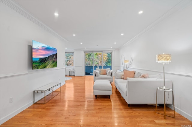 living room featuring ornamental molding and light wood-type flooring