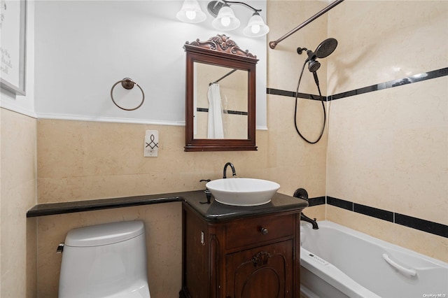 full bathroom featuring vanity, toilet, tile walls, and shower / tub combo with curtain