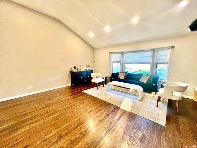 living room featuring lofted ceiling and wood-type flooring